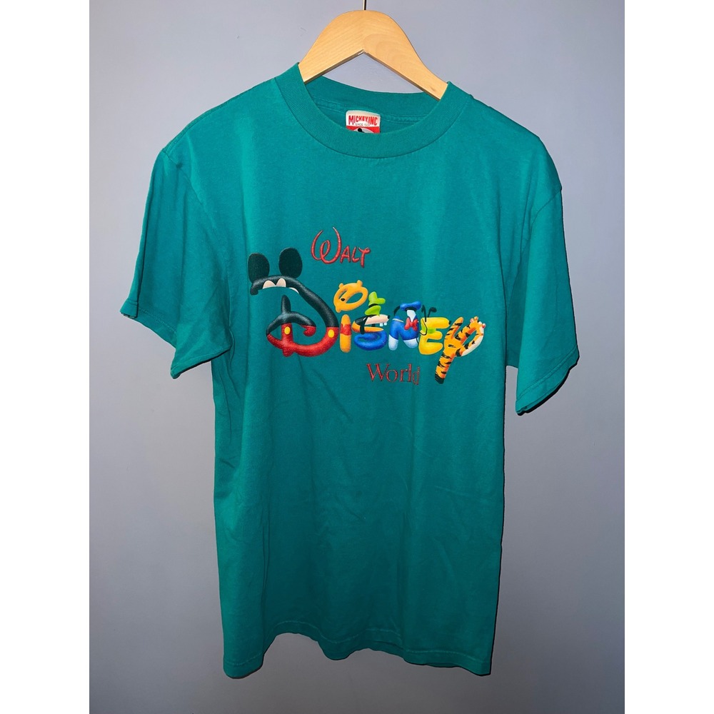 Vintage Mickey‎ Inc Walt Disney World Teal Embroidered Character T-Shirt 90s L